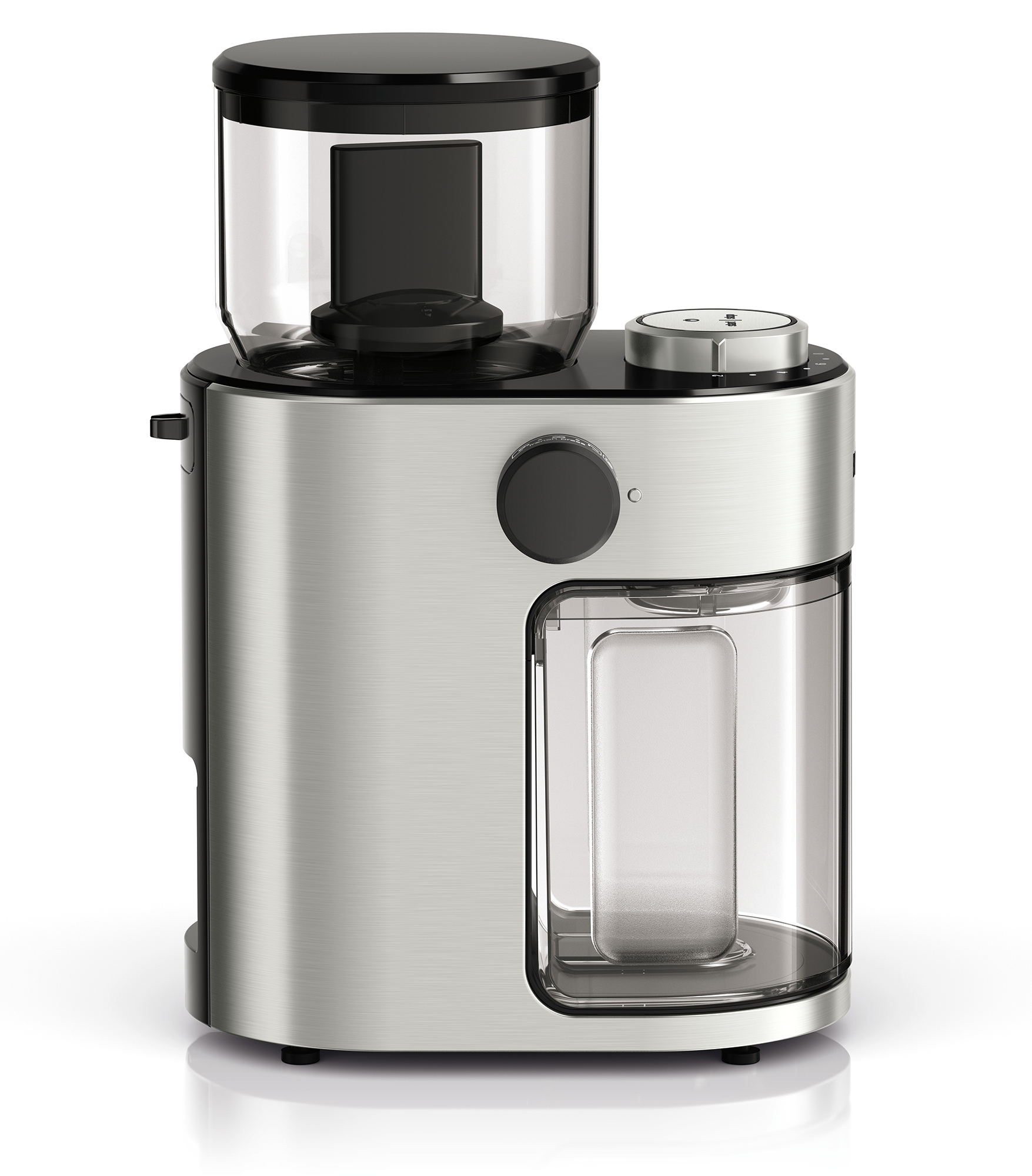 A silver and black coffee grinder with a transparent bean container on top.