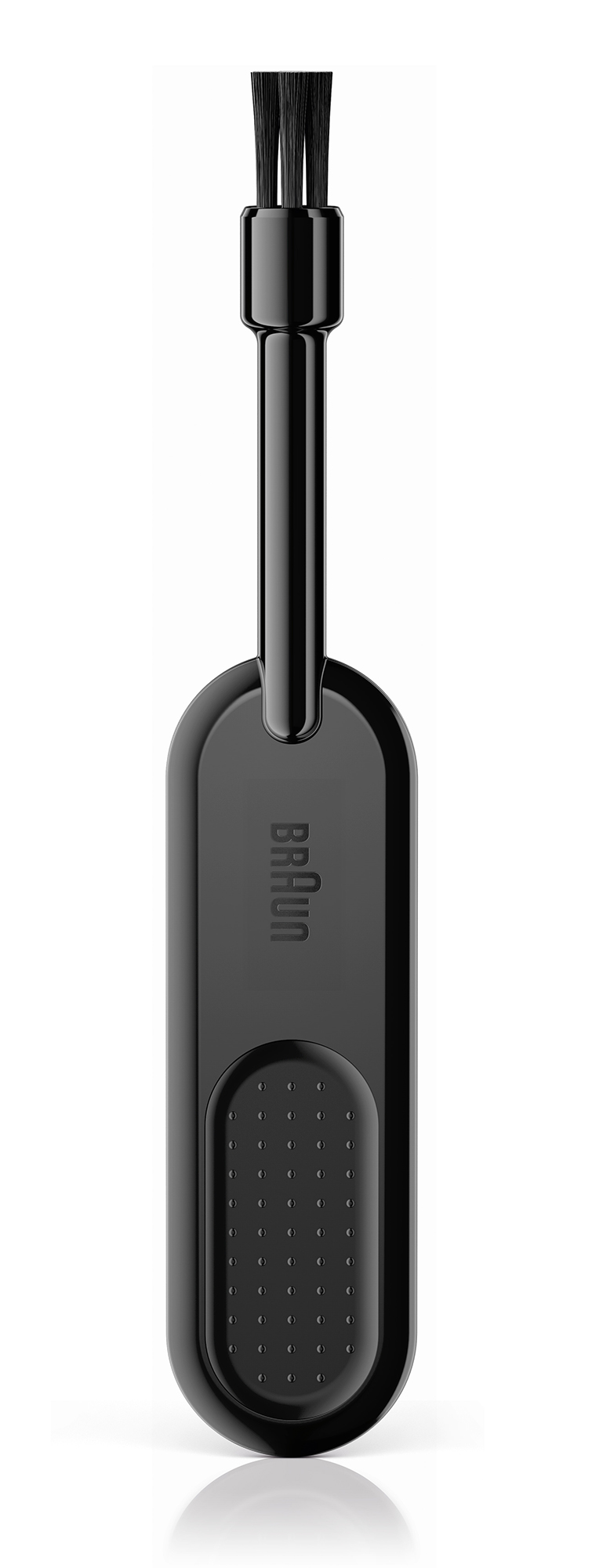 A black Braun cleaning brush with a long handle and a rounded brush head. White background.