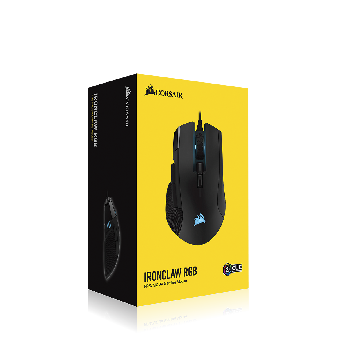 Schwarze und gelbe Box mit einer schwarzen Gaming-Maus, mit dem Corsair-Logo.