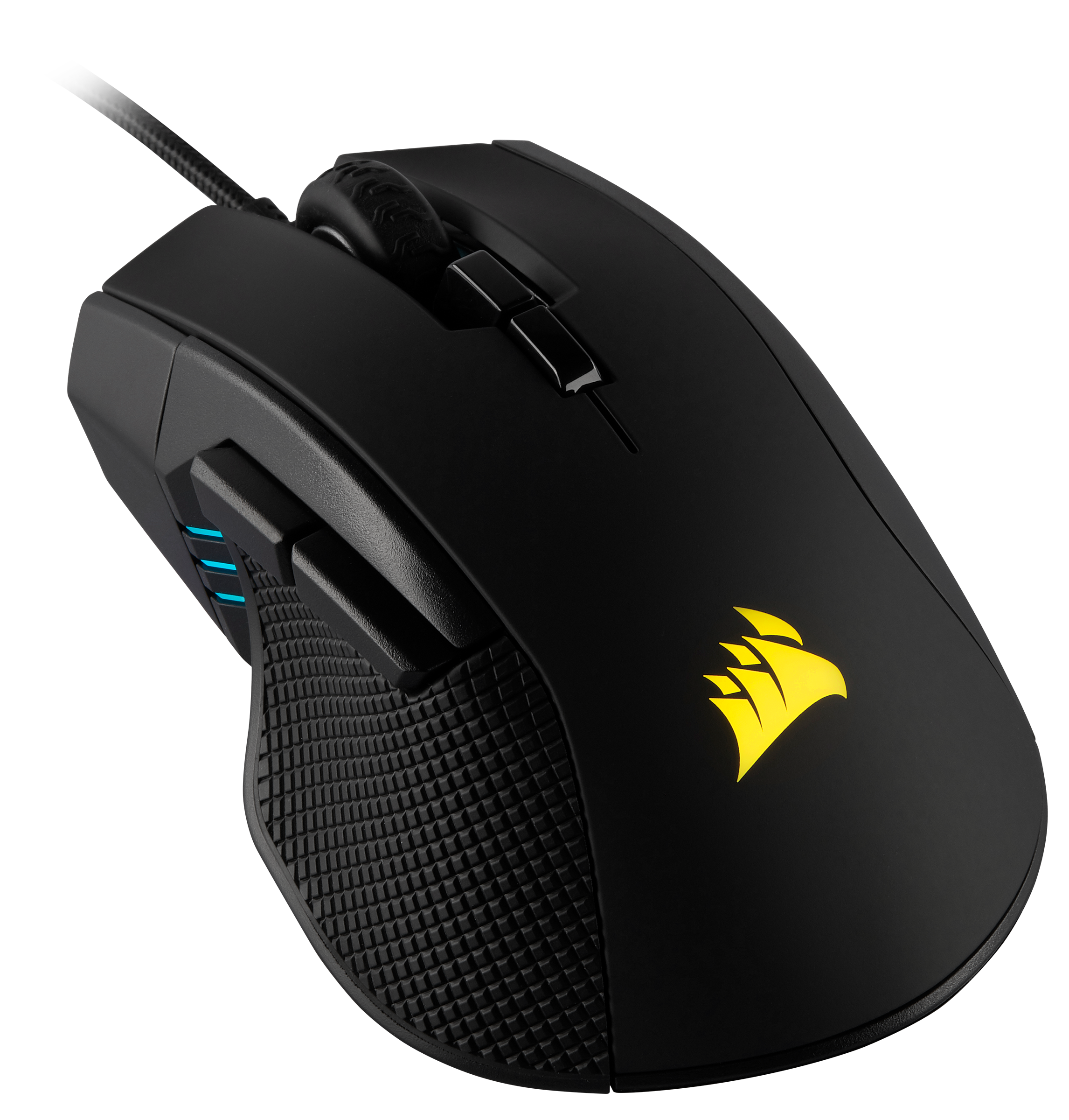 Eine schwarze Gaming-Maus mit gelbem Logo und strukturierter Seitengriff.