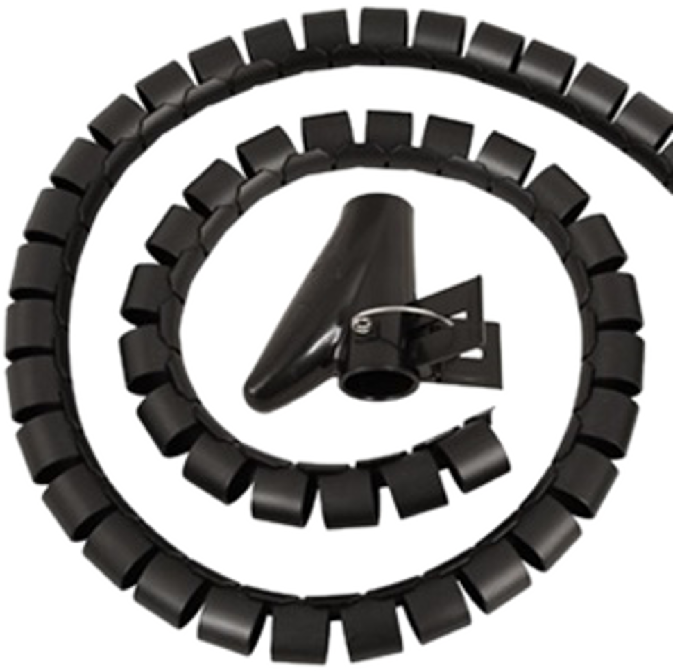 Organizzatore di cavi nero a spirale con un connettore nero.