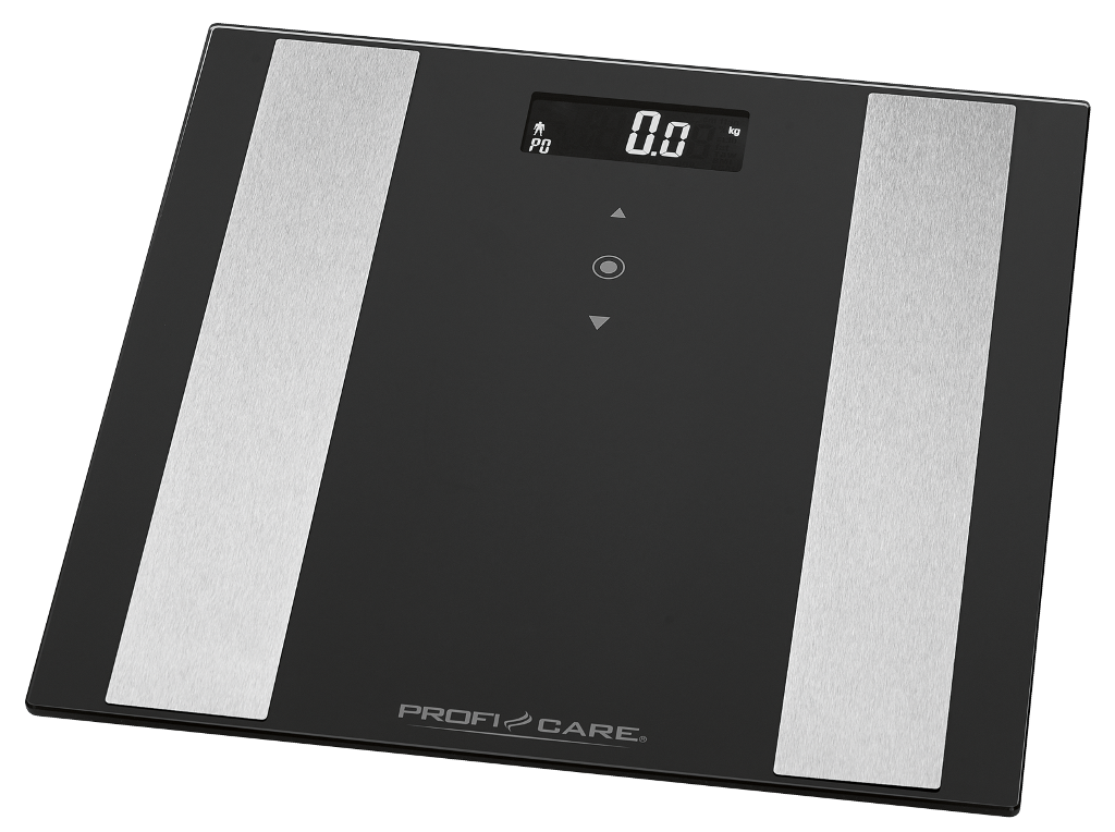 Fekete digitális fürdőszobamérleg ezüstszínű betétekkel. A kijelző 0,0 kg-ot mutat. Márkanév: Profi Care.