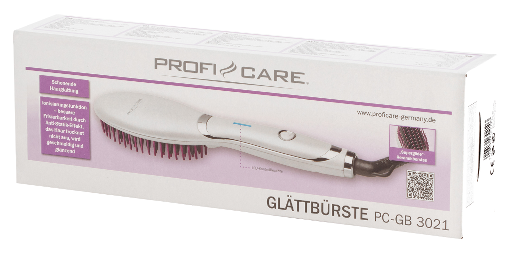 Hajegyenesítő kefe doboza, fehér lila sörtékkel, 'PROFI CARE' és 'GLÄTTBÜRSTE' felirattal.