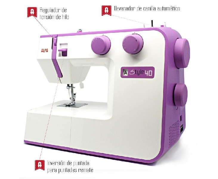 Máquina de coser en blanco y morado con etiquetas.