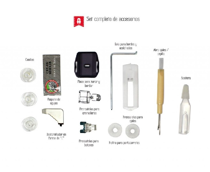 Un conjunto de accesorios de costura sobre un fondo blanco, que incluye canillas, agujas y otras herramientas pequeñas.