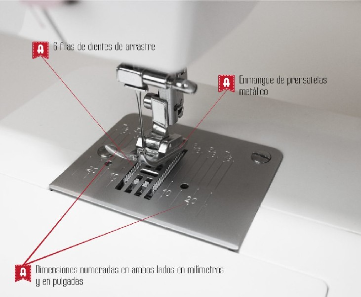 Primer plano de aguja y placa de máquina de coser. Etiquetas señalan las funciones.