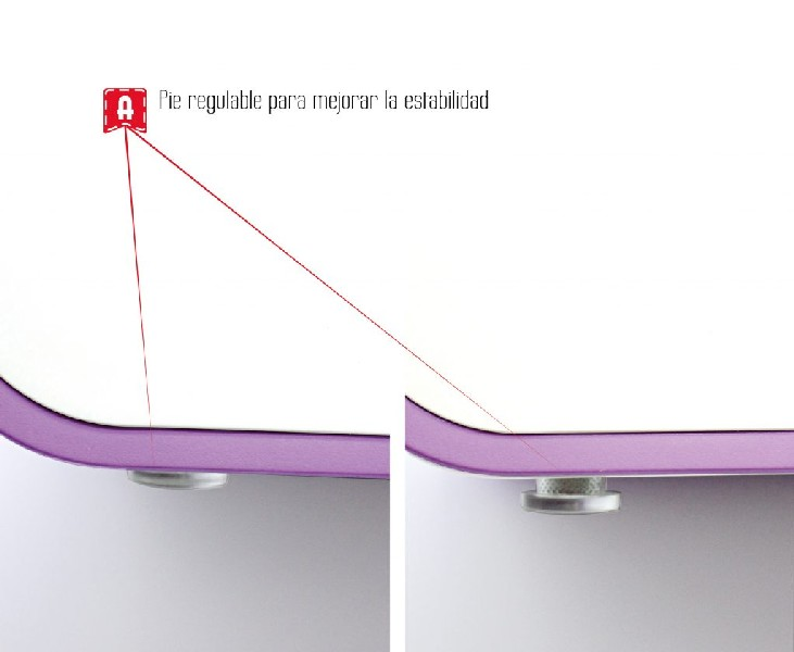 Dos imágenes de primer plano de una superficie blanca con borde morado y pie ajustable.