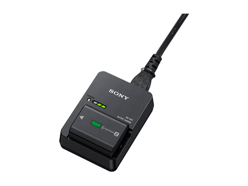 Ein Sony-Akkuladegerät mit eingelegtem Akku und einer Ladeanzeige.