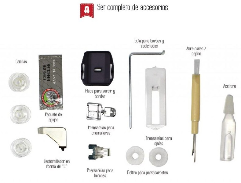 Varios accesorios para máquinas de coser. Incluyendo agujas, canillas y más.