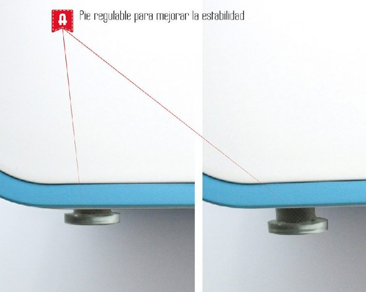 Dos vistas de un pie de electrodoméstico blanco con altura ajustable, marcado con una etiqueta 'A'.