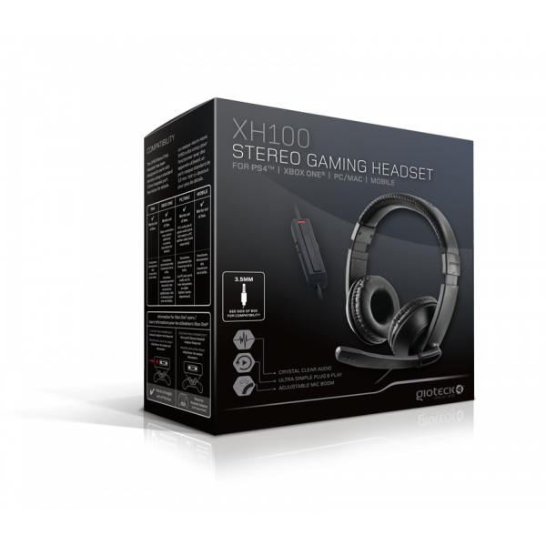 Una caja negra y gris para auriculares para juegos. Muestra los auriculares y tiene texto e iconos.