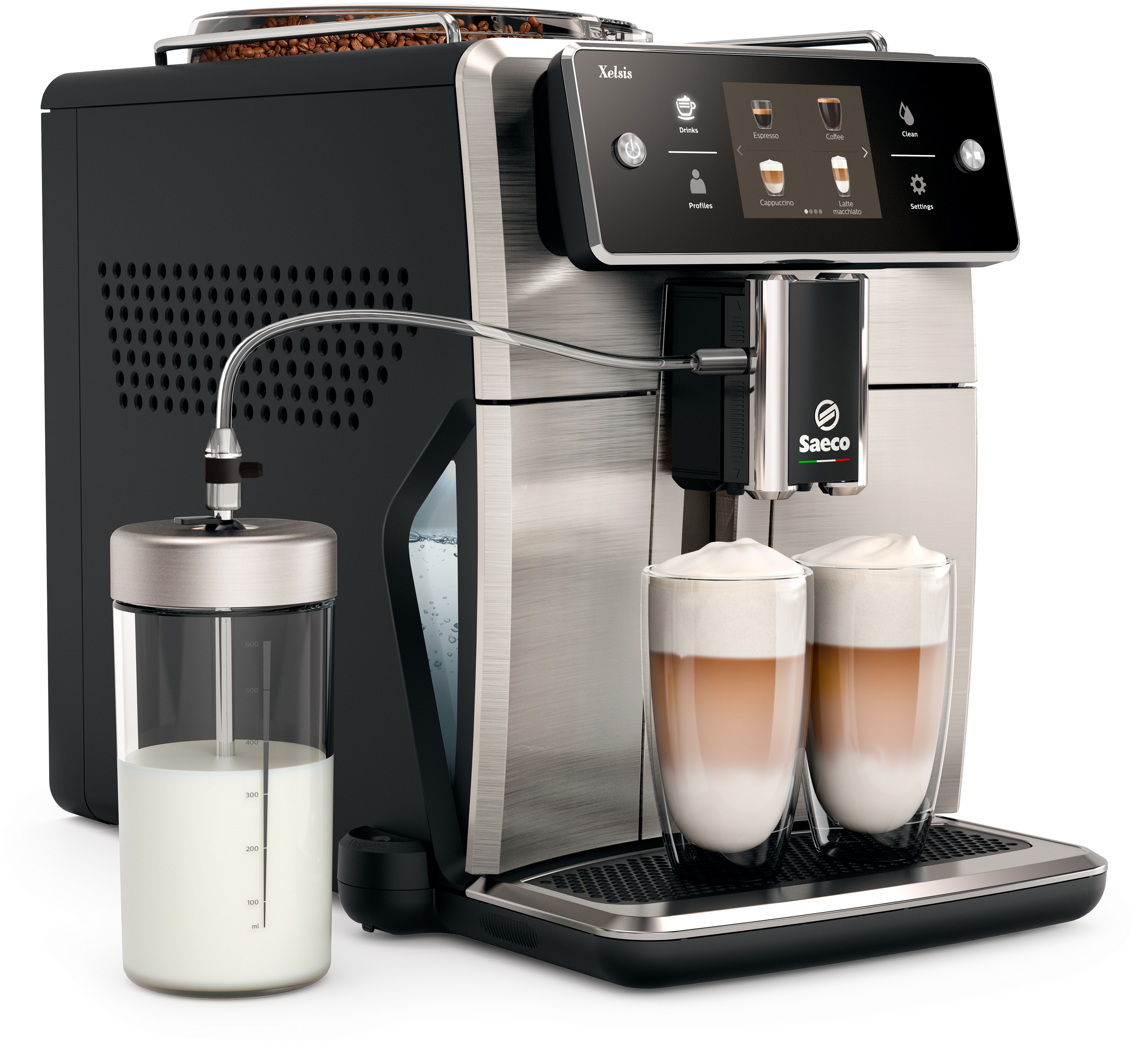 SAECO Xelsis Kaffeevollautomat SM7683/10, schwarz-silber Kaffeevollautomat (Schwarz, Edelstahl, Keramikmahlwerk, 15 bar, externer Milchbehälter)