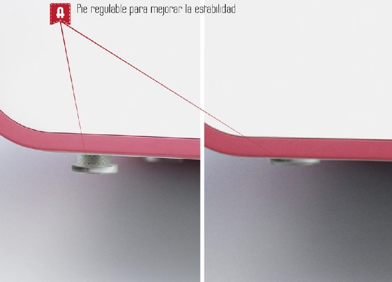 Primer plano de un objeto blanco con borde rojo y pie ajustable. Hay texto en español.