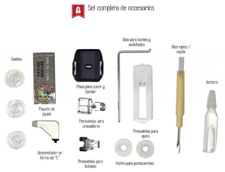Juego de accesorios de costura. Incluye agujas, bobinas, un destornillador y otros.