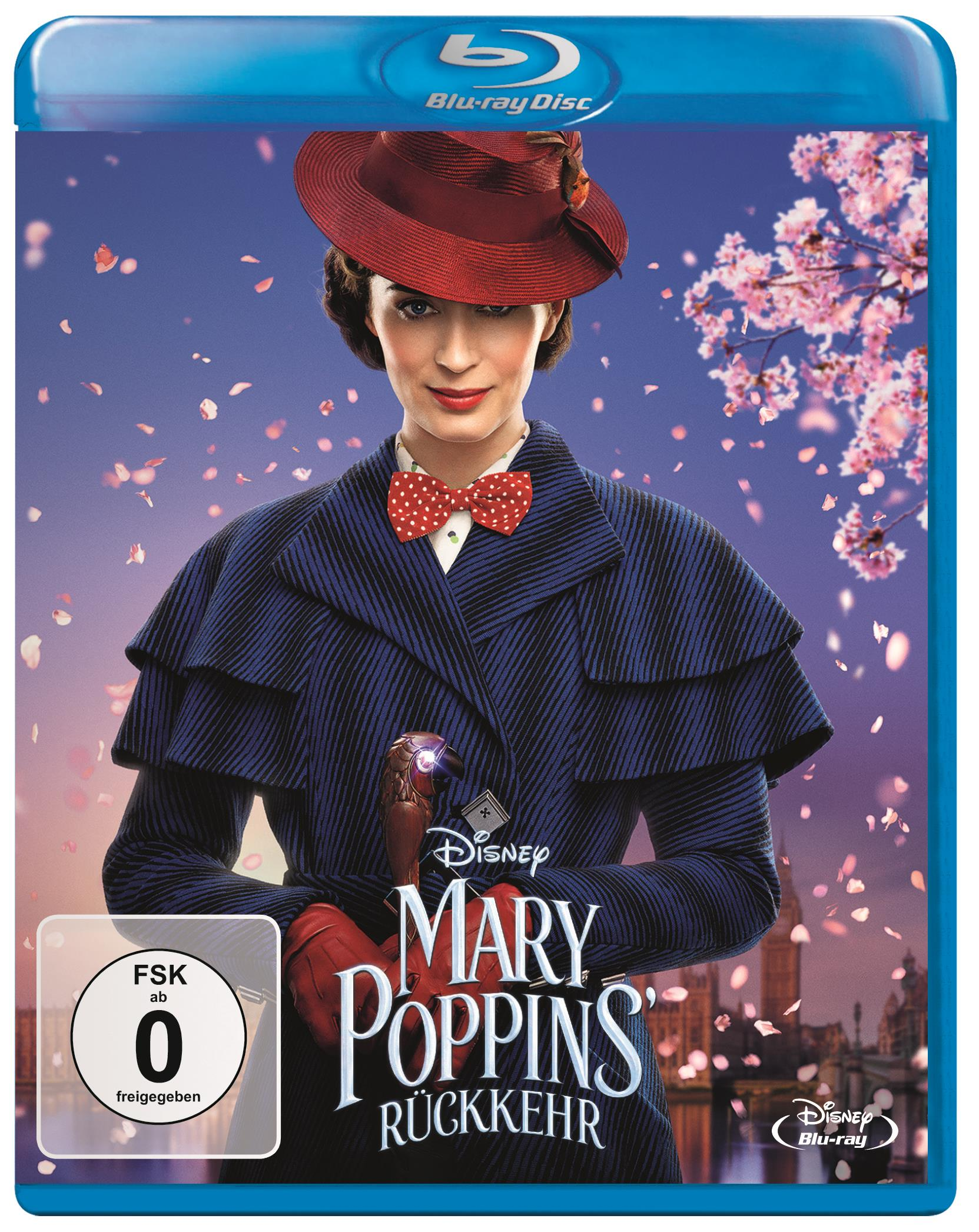 Mary Poppins' Rückkehr Blu-ray Cover. Mary Poppins mit rotem Hut und Fliege. London im Hintergrund.
