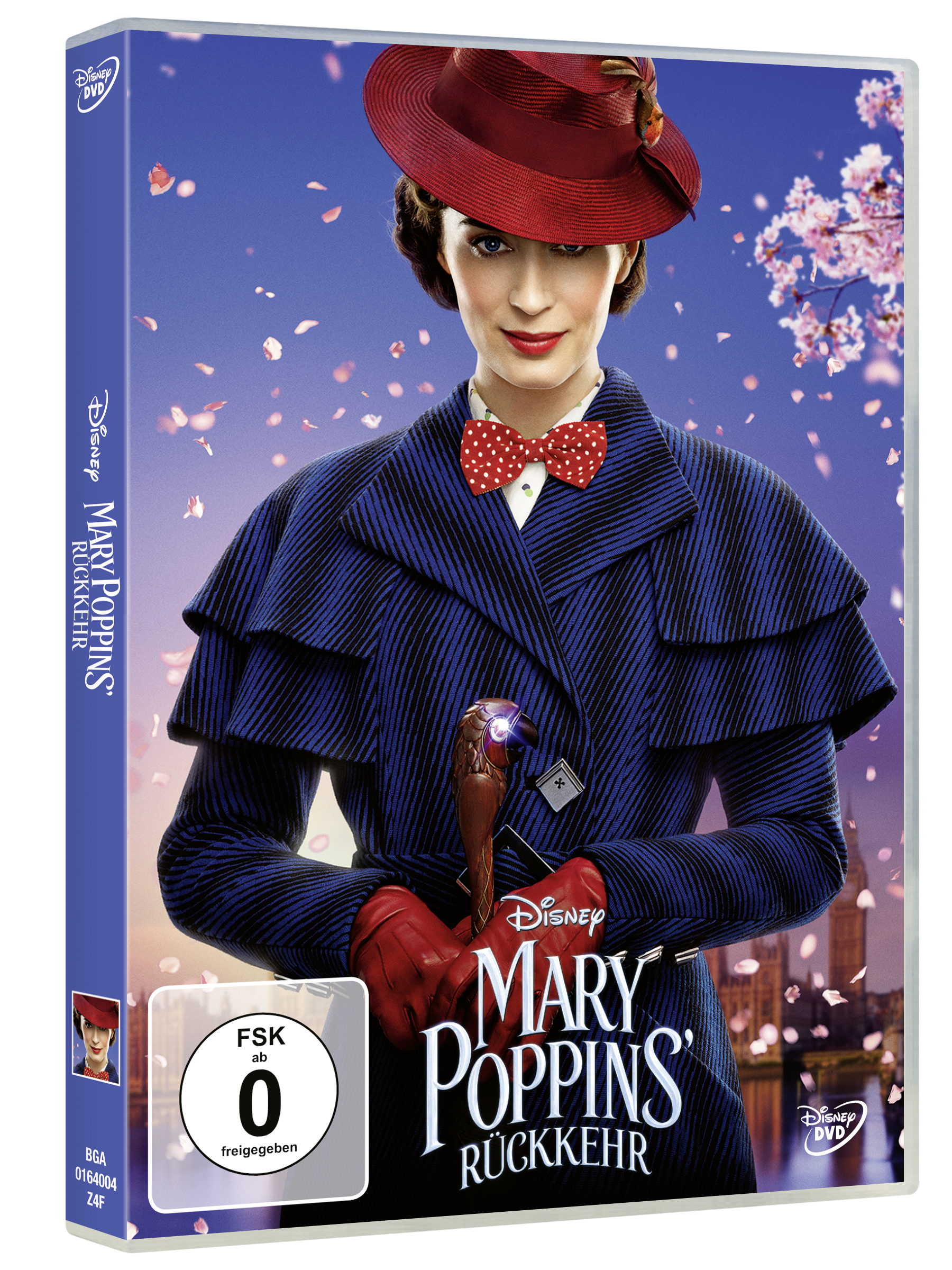 DVD-Hülle von 'Mary Poppins Returns' mit einer Frau in rotem Hut und blauem Mantel.