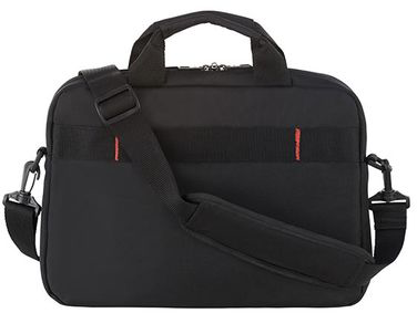 Fekete laptop táska vállpánttal és fogantyúval. Piros díszítések az elején.