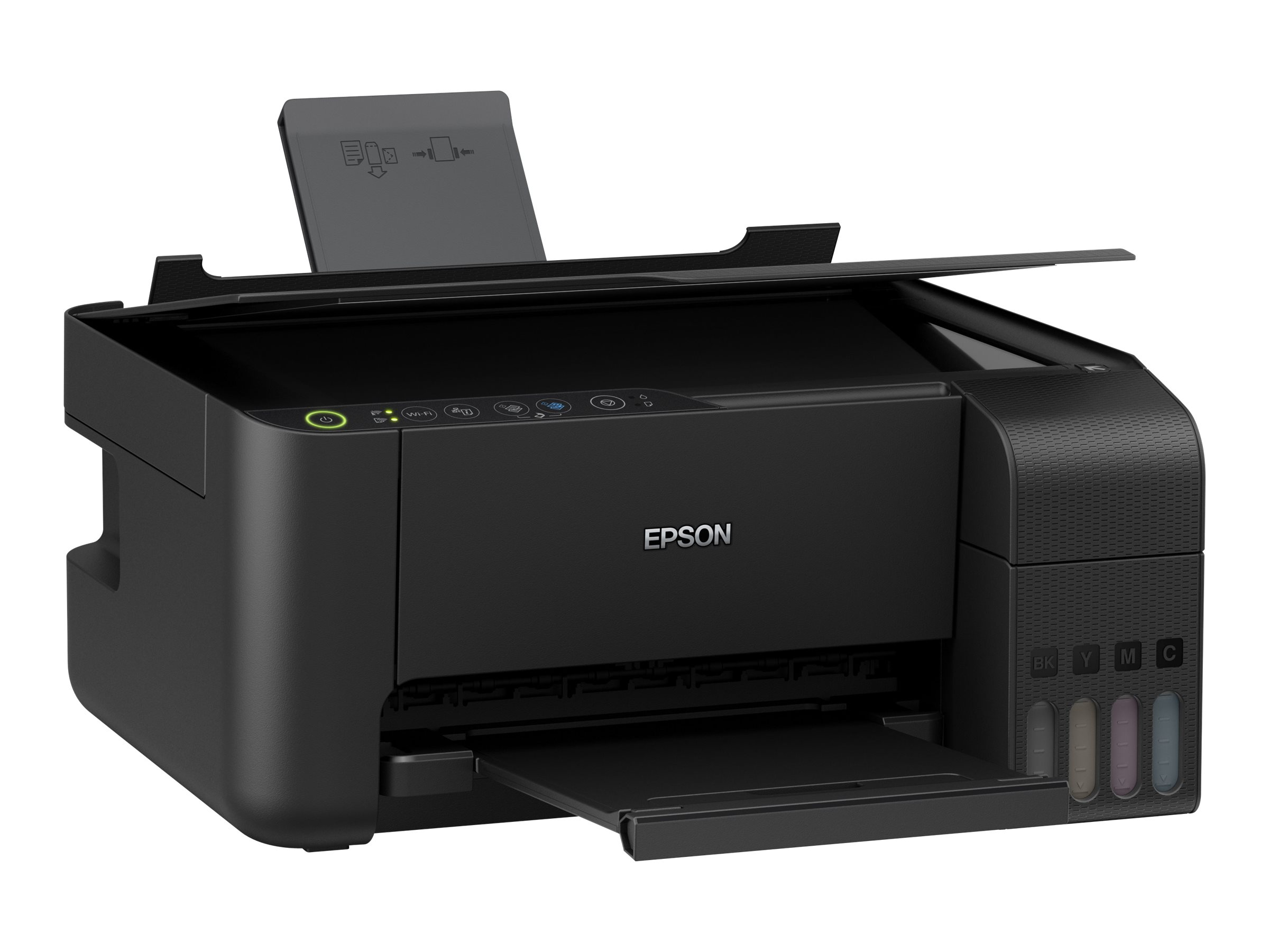 Schwarzer Epson-Drucker mit offenem Deckel und Fach. Tintenpatronen sichtbar. Weißer Hintergrund.
