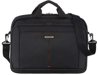 Egy fekete Samsonite aktatáska, piros csíkkal középen, fogantyúval és vállpánttal.