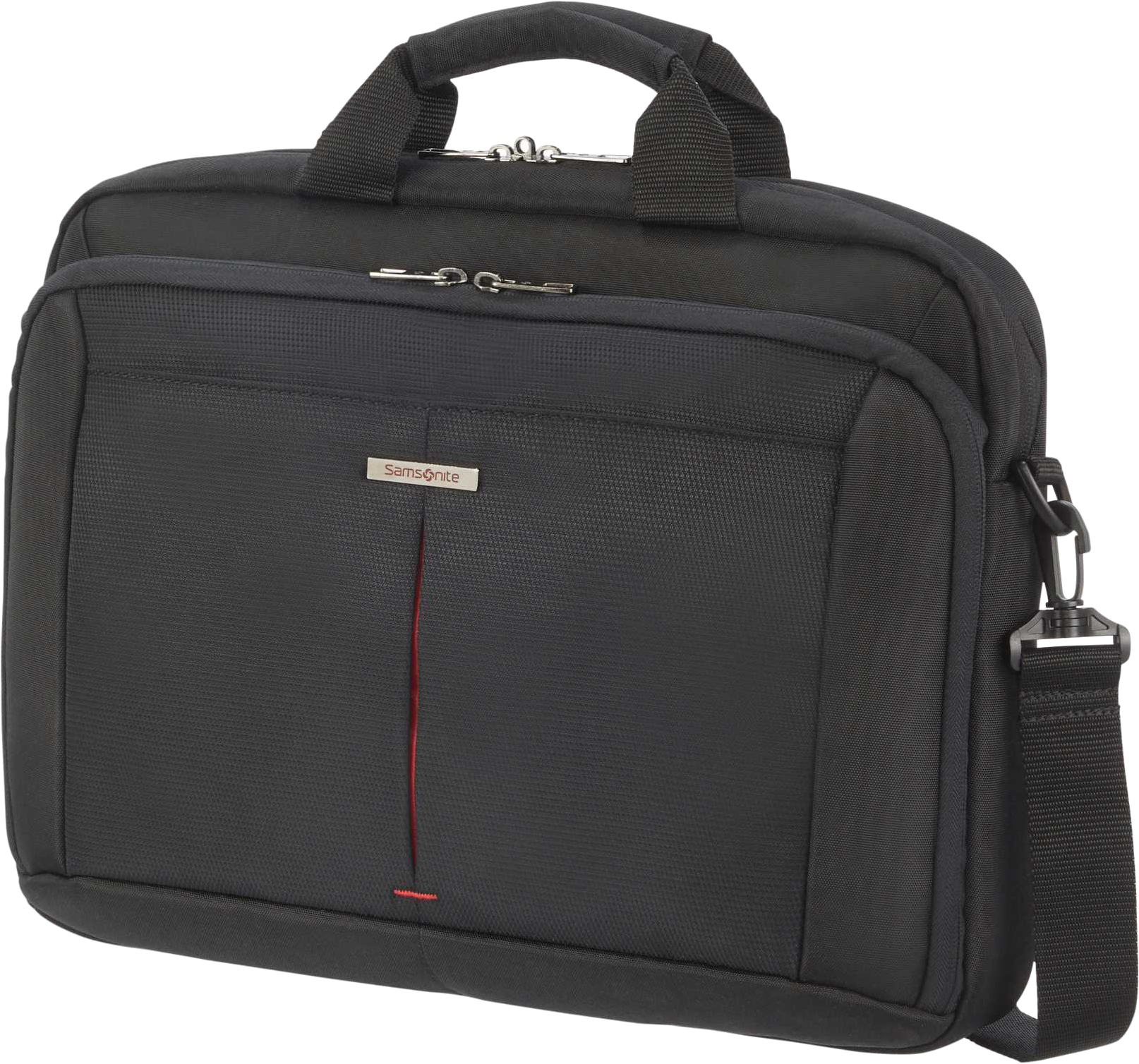 Fekete Samsonite aktatáska piros függőleges csíkkal.