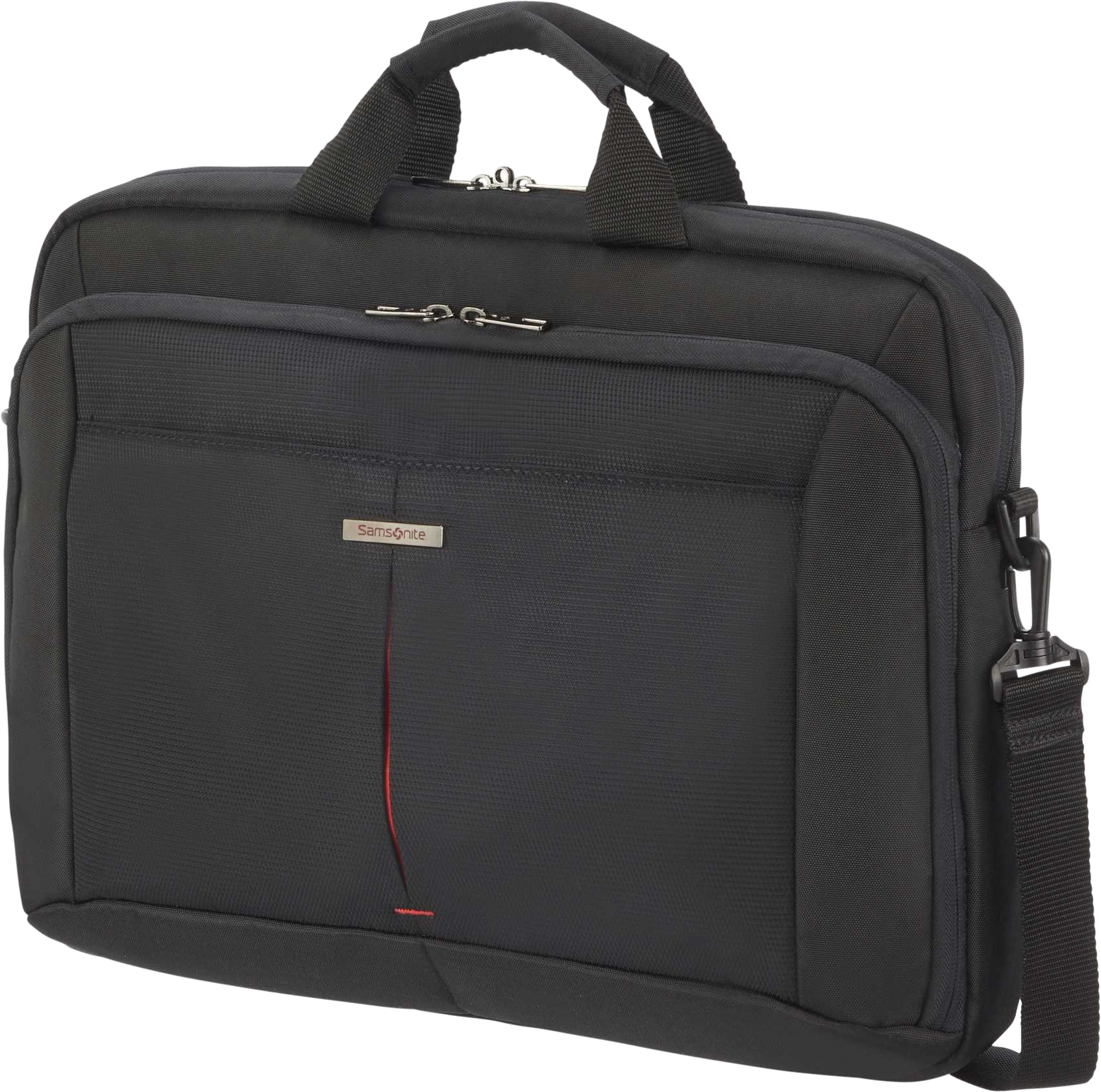 Fekete Samsonite aktatáska piros díszítővonallal és vállpánttal.