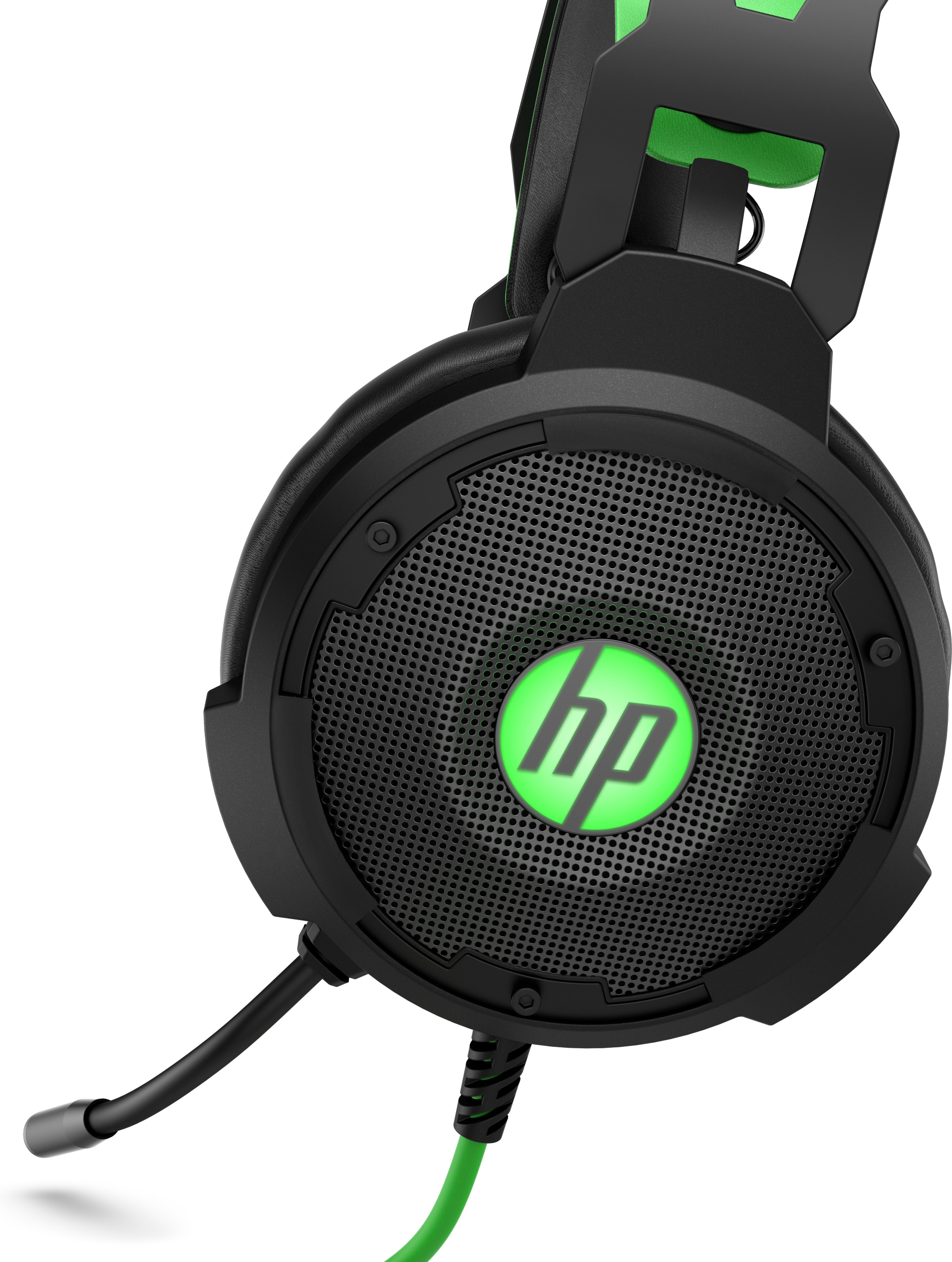 Mikrofonlu siyah ve yeşil HP oyun kulaklığı. HP logosu kulaklığın üzerinde görülebilir.