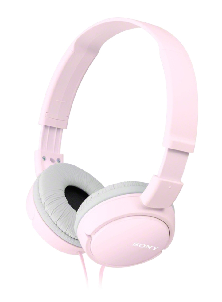 Beyaz arka planda gri yastıklı pembe Sony kulaklık.