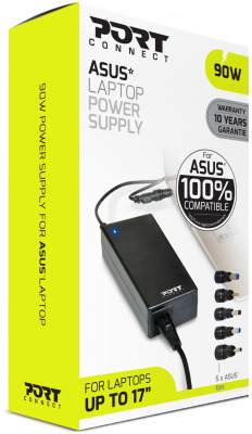 Una scatola Port Connect per un alimentatore per laptop Asus. La scatola è bianca, nera e gialla.
