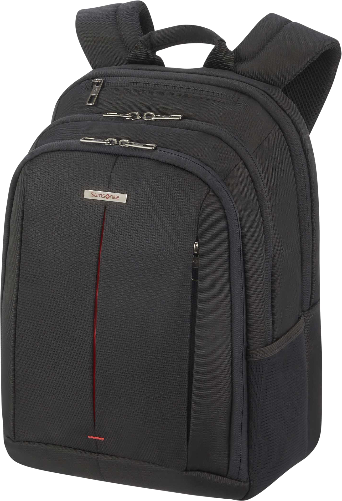 Egy sötétszürke Samsonite hátizsák. Két elülső zsebe, egy piros függőleges csíkja és több cipzárja van.