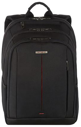 Fekete Samsonite hátizsák piros csíkkal. Elölnézet, két cipzáras rekesszel.