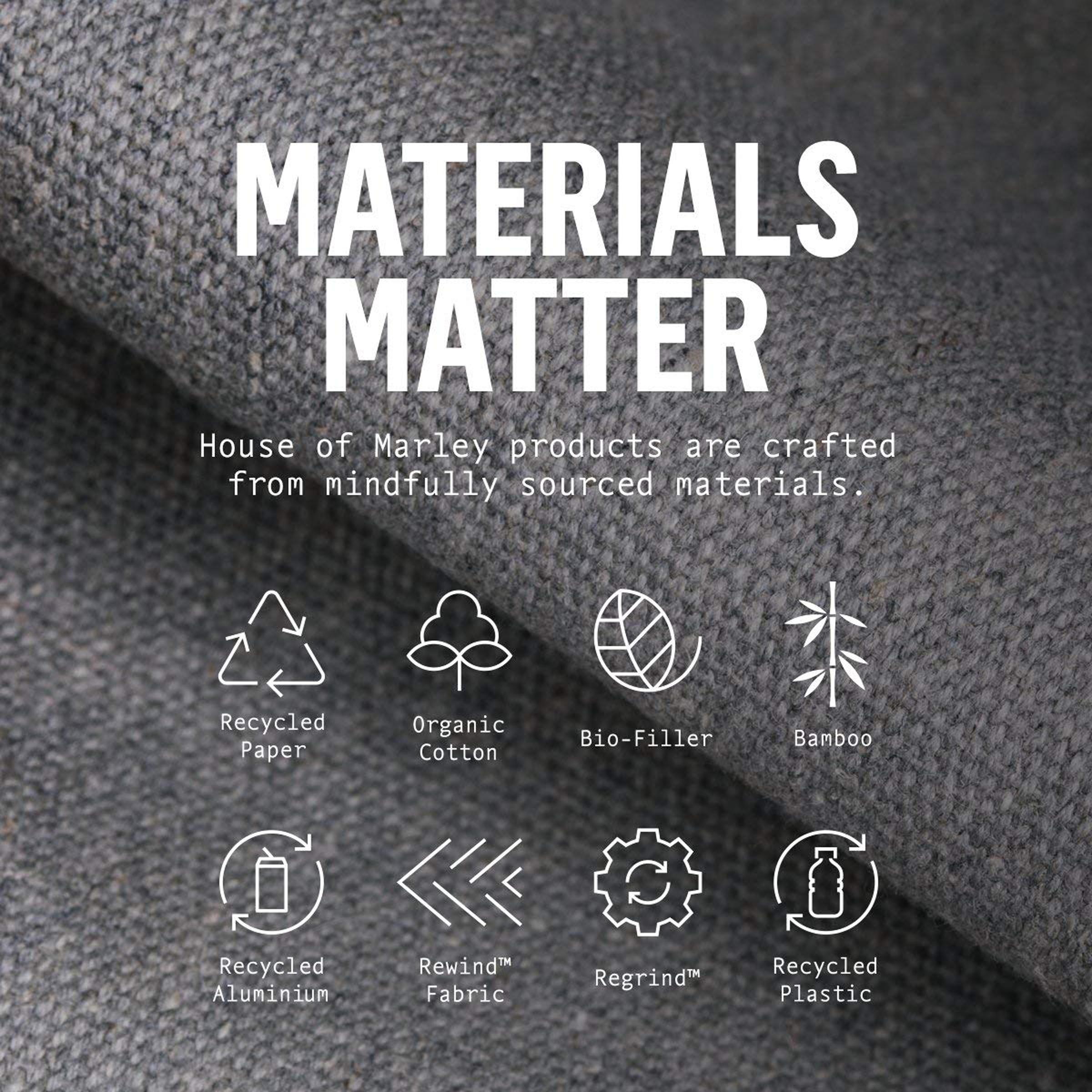 Materialen doen ertoe grafiek. Toont pictogrammen voor gerecycled papier, biologisch katoen, bio-vuller, bamboe en gerecyclede materialen.