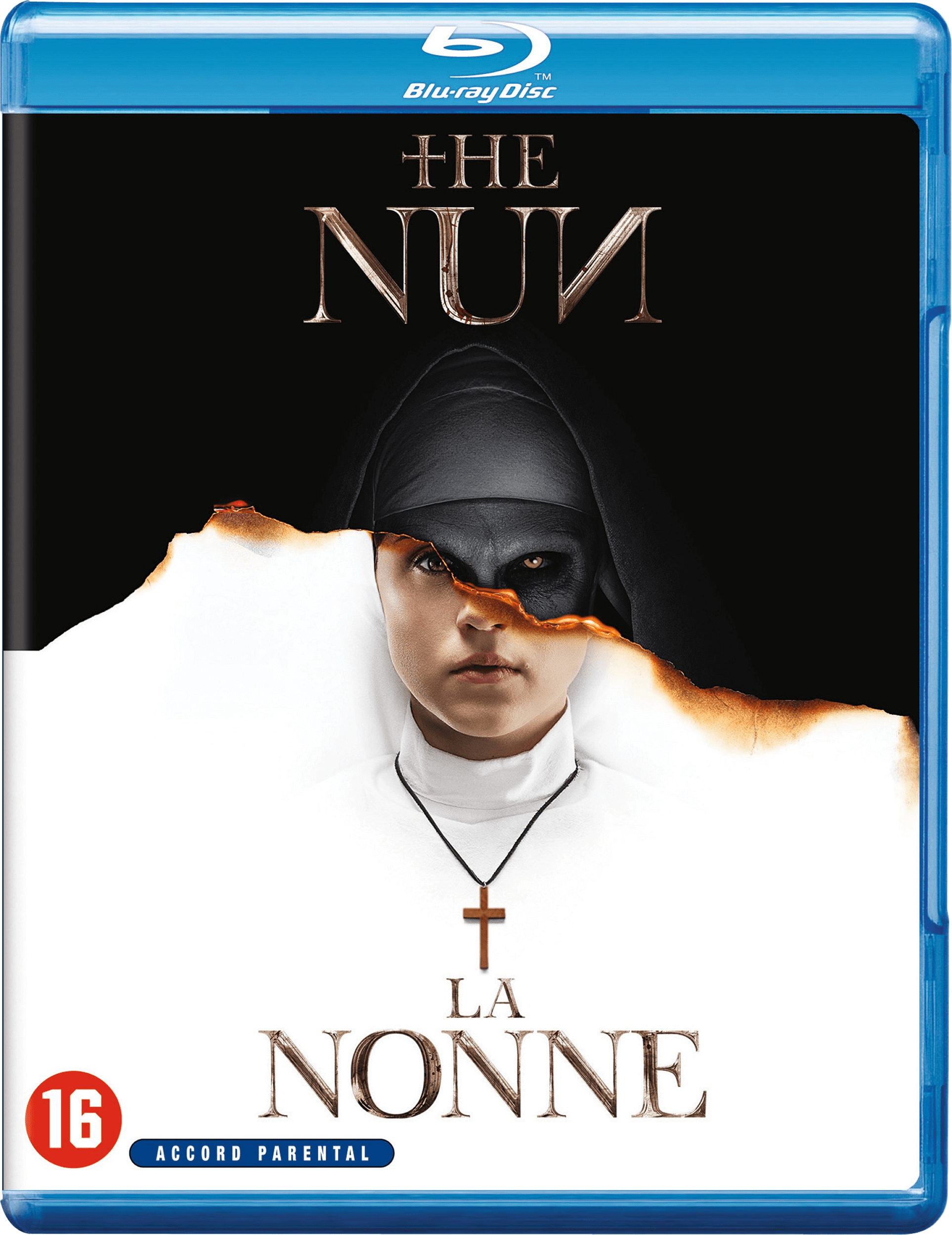Couverture du film La Nonne. Une nonne avec un visage noir et blanc et une croix.