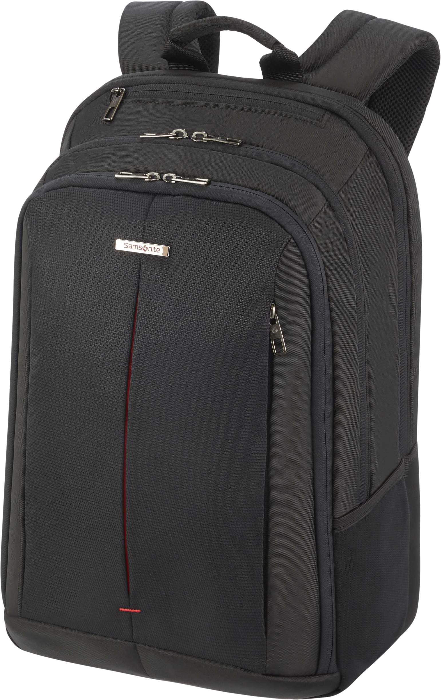 Fekete Samsonite hátizsák, piros csíkkal elöl, cipzárakkal és fogantyúval.
