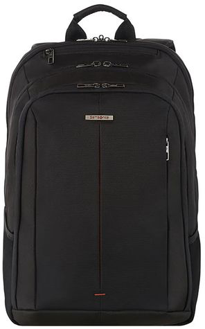 Fekete Samsonite hátizsák. Elölről, piros csíkkal látható a hátizsák.