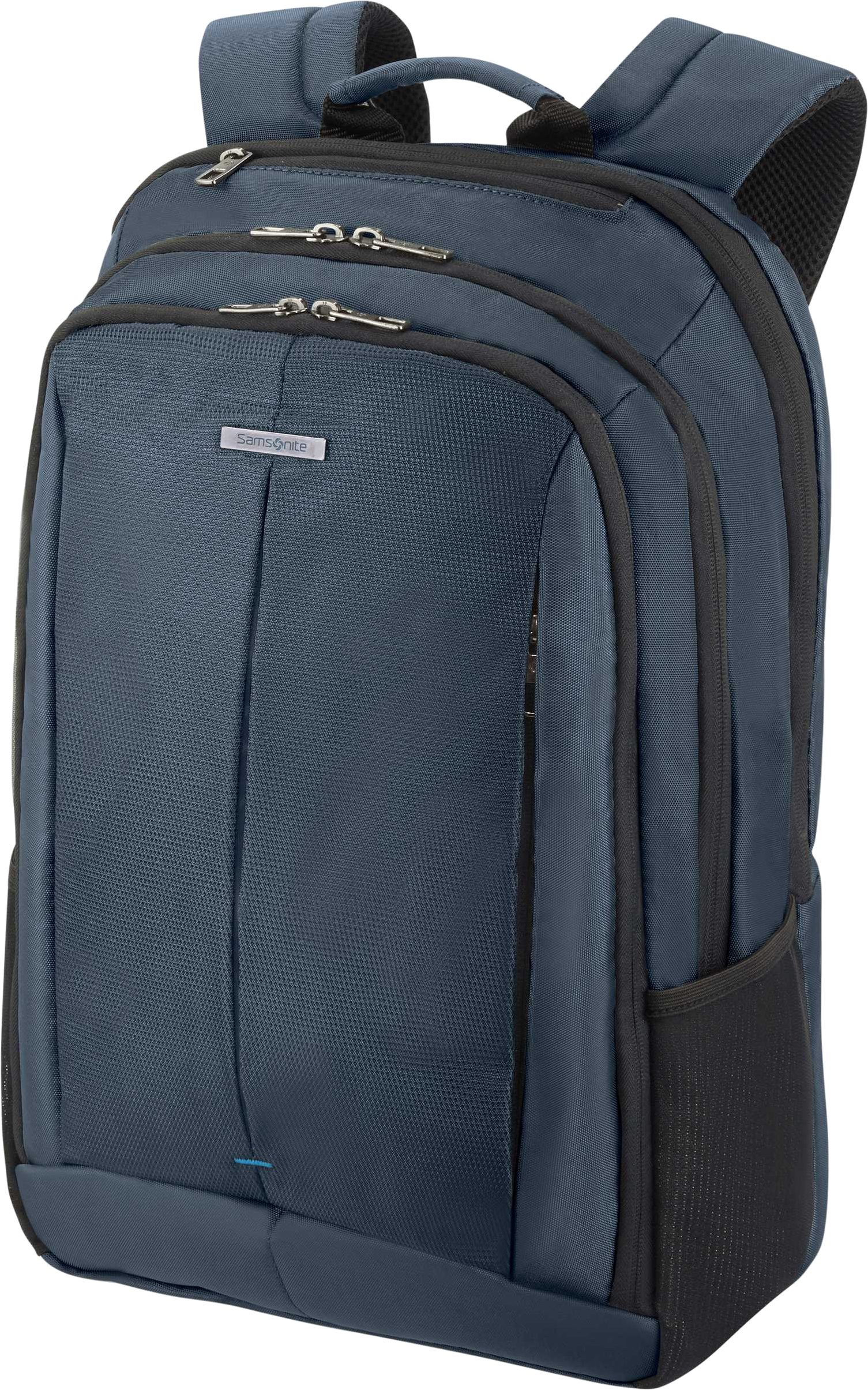 Kék Samsonite hátizsák fekete díszítéssel és elülső zsebbel.