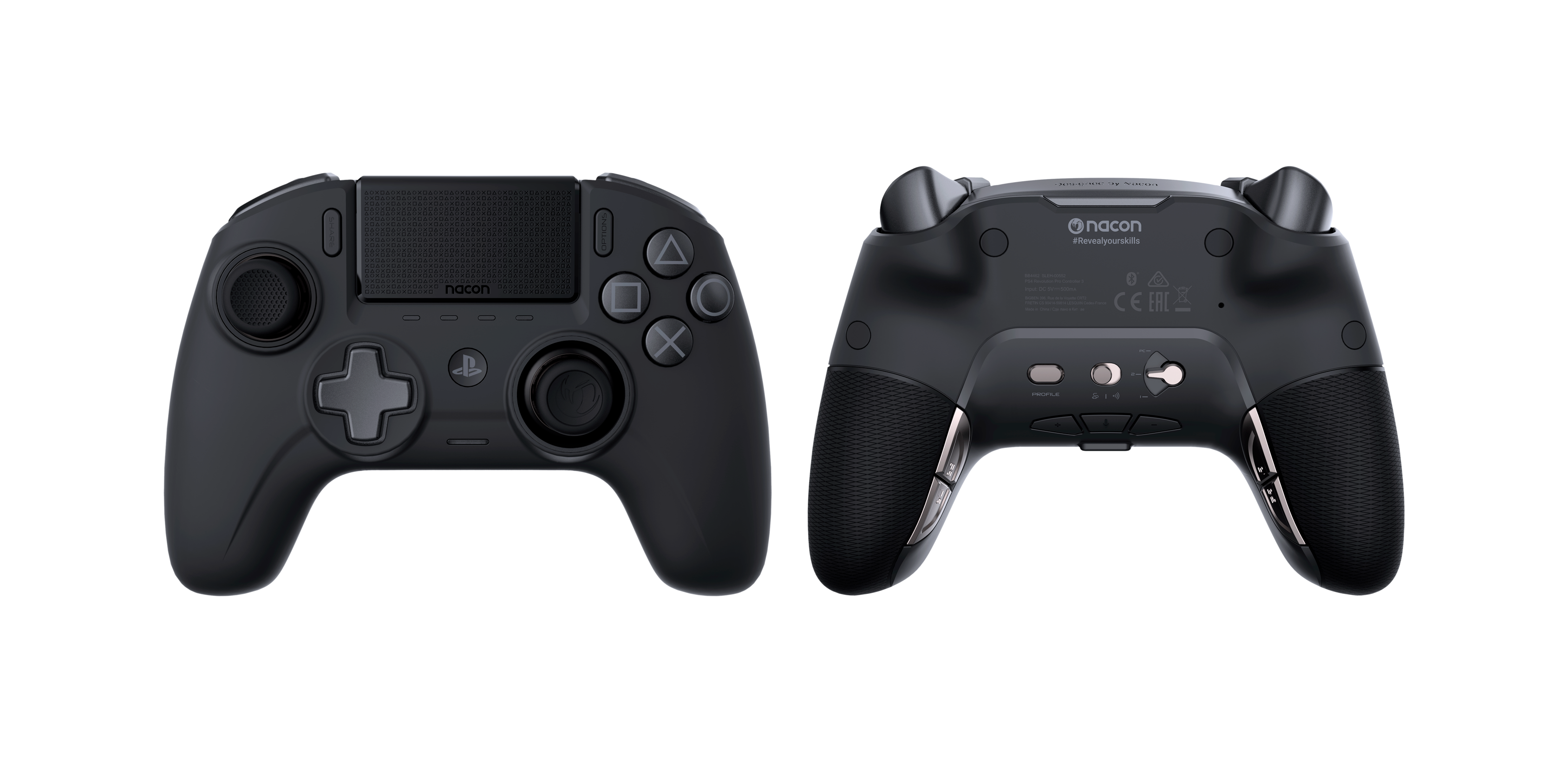 Schwarzer Gamecontroller, Vorder- und Rückansicht. Tasten und Joysticks sichtbar.
