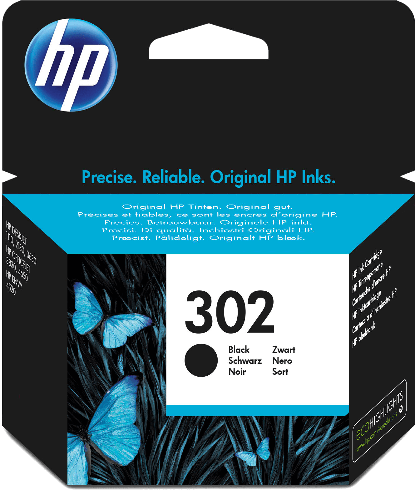 HP 302 black ink cartridge box. The box depicts butterflies and text in multiple languages.