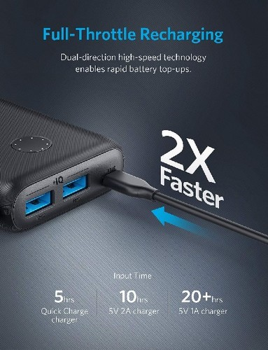 Powerbank - Anker PowerCore II 20000, 2 USB, 20000 mAh, Carga rápida PowerIQ 2.0, Negro