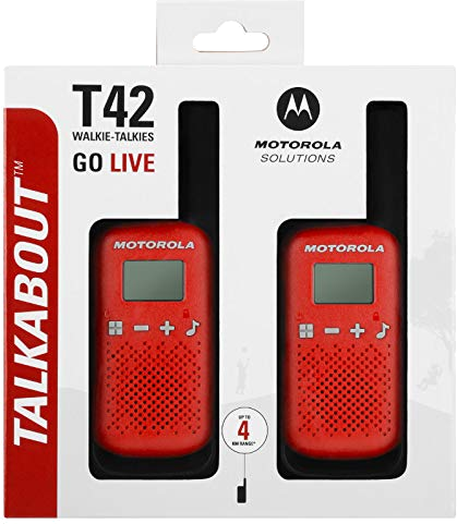 Két piros Motorola Talkabout walkie-talkie egy csomagban. A 'T42' és a 'Go Live' szövegek láthatók.