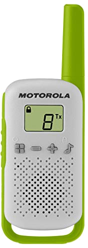 Fehér-zöld Motorola walkie-talkie. Antennával, képernyővel és gombokkal.