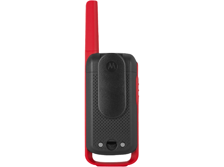 Piros-fekete Motorola walkie-talkie, antenna fel, csipesz rögzítve.