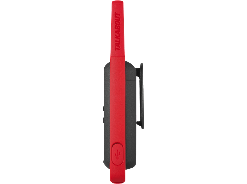 Piros-fekete Talkabout walkie-talkie, piros antennával és USB porttal.