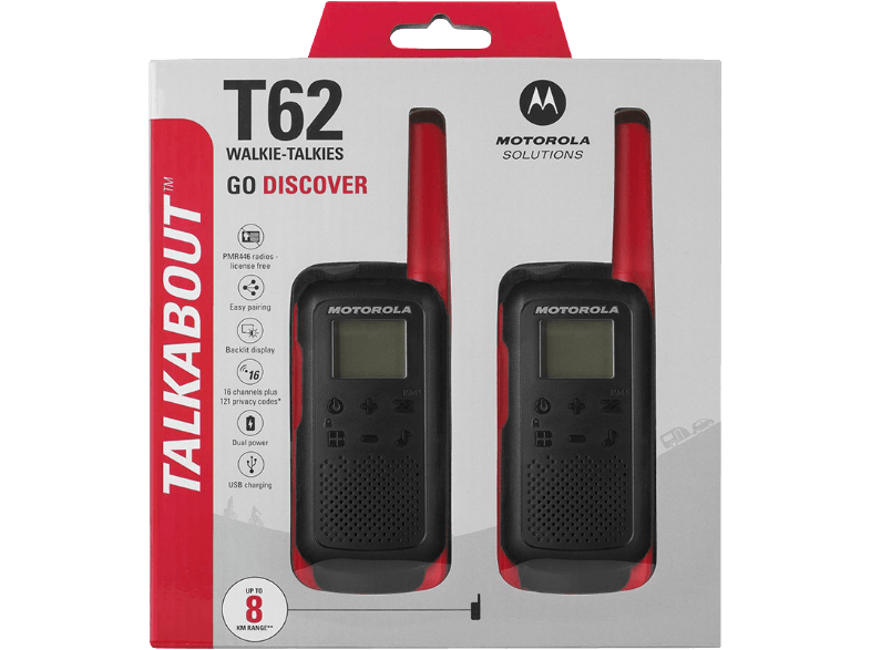 Walkie-talkie csomag, fekete és piros, két walkie-talkie-val, fehér háttér.