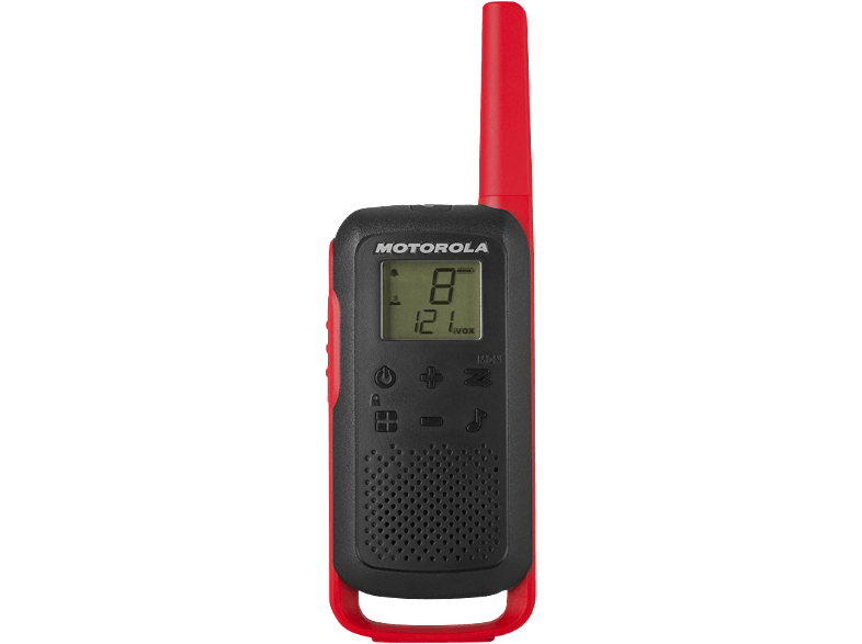 Fekete-piros Motorola walkie-talkie piros antennával, fekete háttér előtt.