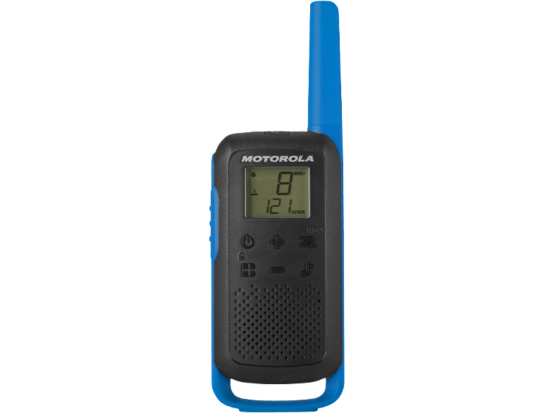 Kék-fekete Motorola walkie-talkie, digitális kijelzővel, 8-as csatornát mutat, és kék antennával.