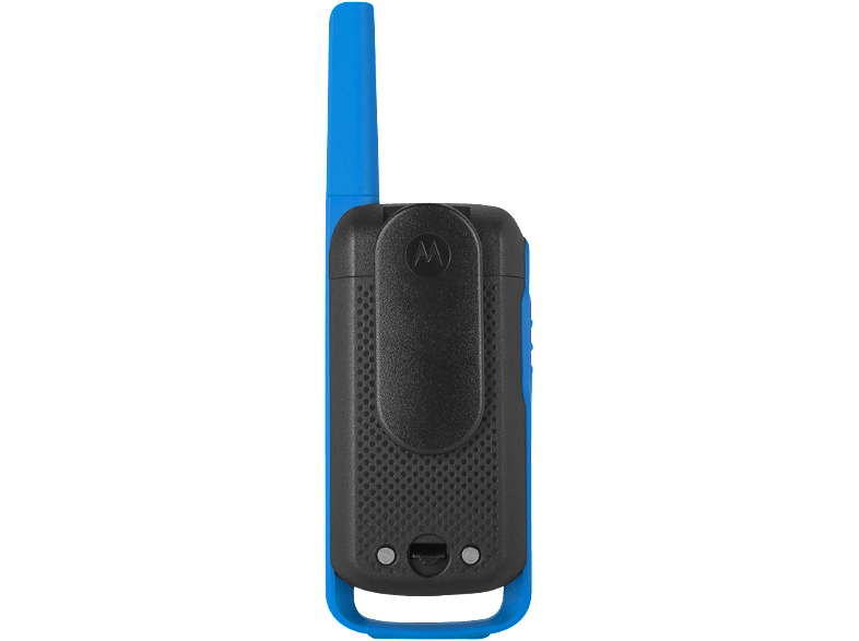 Kék-fekete walkie-talkie antennával és csipesszel.