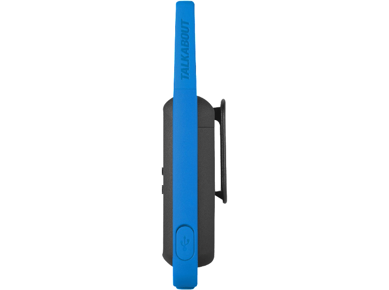 Kék-fekete walkie-talkie kék gombbal és a "TALKABOUT" szóval rajta.