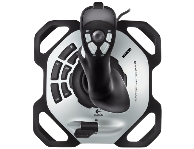 Egy fekete-ezüst joystick. Gombokkal és egy fogantyúval rendelkezik a játékhoz.