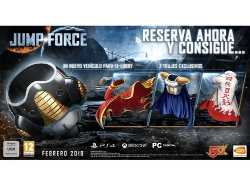 Anuncio del videojuego Jump Force. Muestra un vehículo y tres trajes de personaje exclusivos.