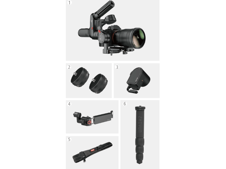 Camera equipment kit components arranged on a dark surface against a black backdrop.